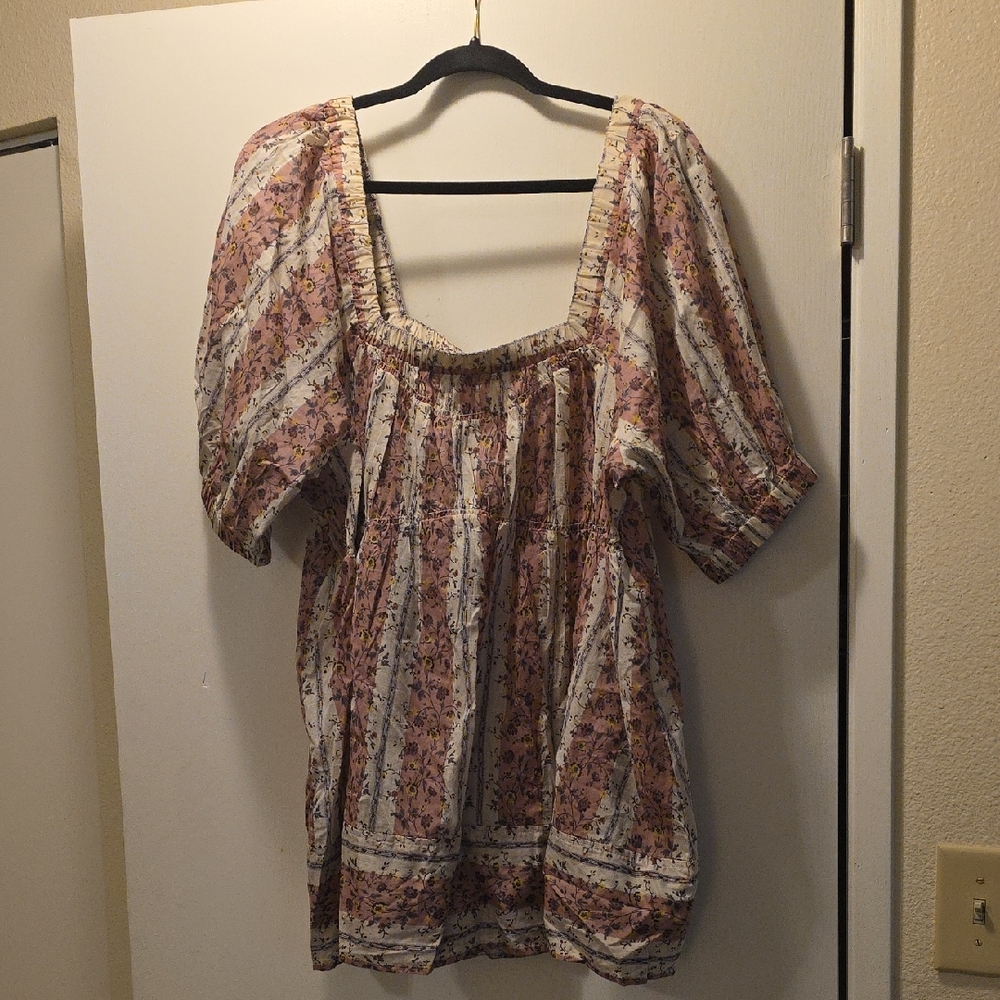 Free People Floral Puff Sleeve Blouse - Pink and Cream